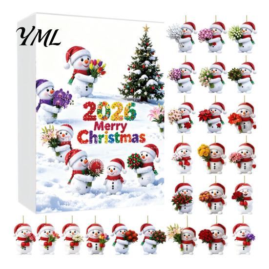 Snowman Hanging Ornaments Advent Calendar, 24Pcs Acrylic 2D Ornament Set Christmas Tree Decorations with Bouquet Flowers, Decor, Holiday Gift for Kids