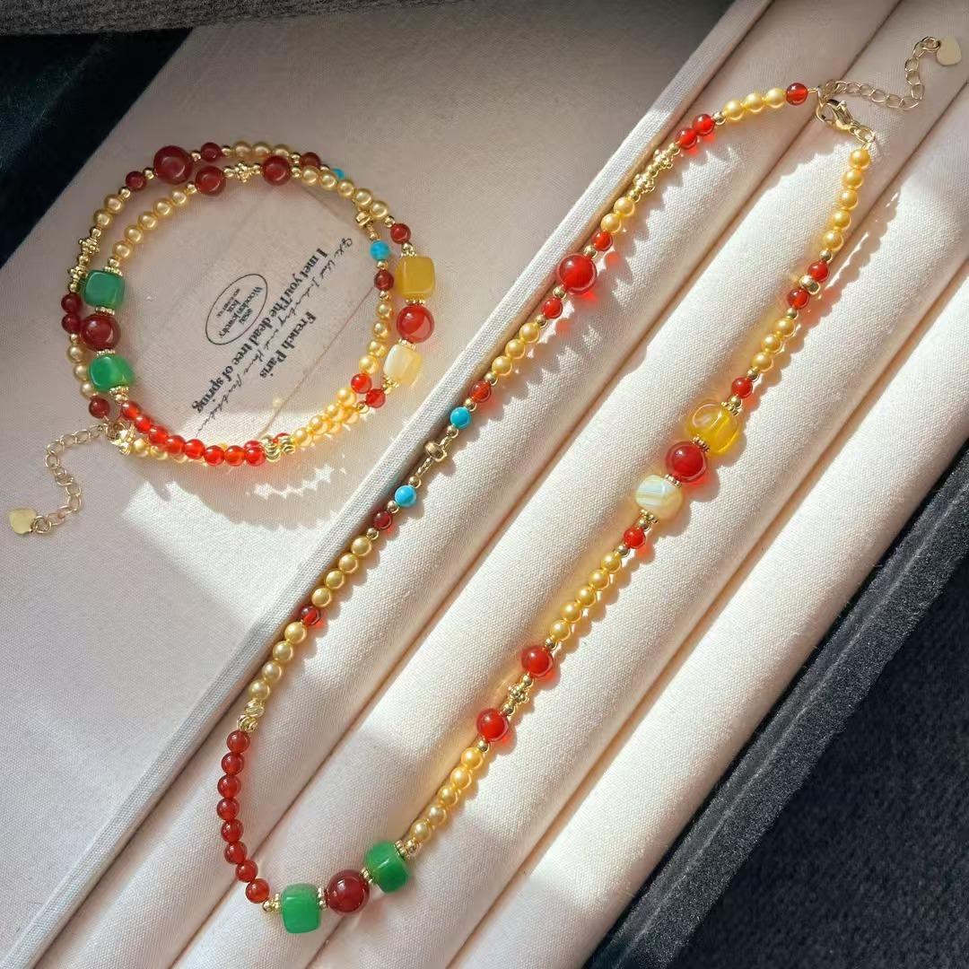 

Vintage Natural Agate Chalcedony Artificial Crystal Pearl Design Sense Collarbone Chain Necklace