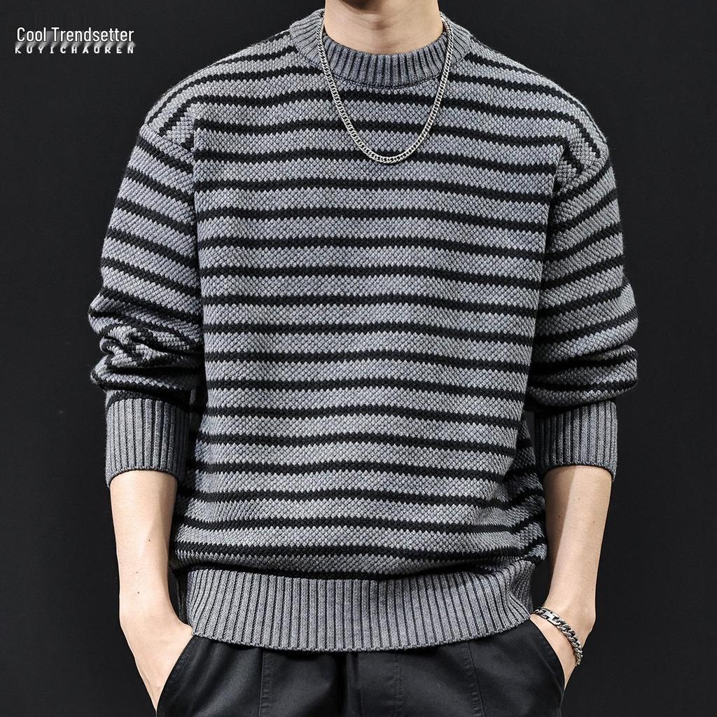 2025 Men's American-Style Striped Knit Sweater: Round Neck, Thick, Plus Size, Warm Autumn/Winter Layer