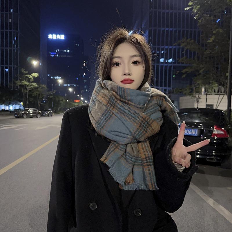 Large and small plaid oversized scarf with shawl imitation cashmere to keep warm and thickened scarf Women's winter temperament