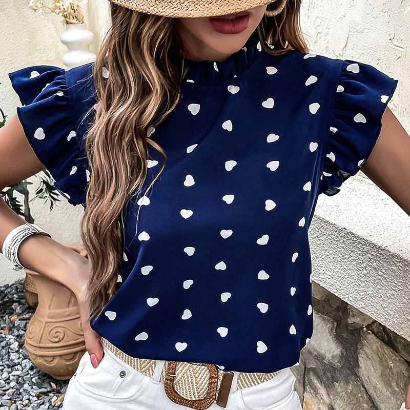 

Women Chiffon Blouse Casual Summer Ruffle Edge Design Wave Point Short Sleeve Casual Tops M