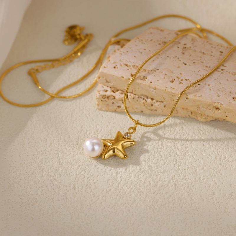 Wind cute point diamond zircon star starfish stainless steel snake chain necklace pentagram retro simple