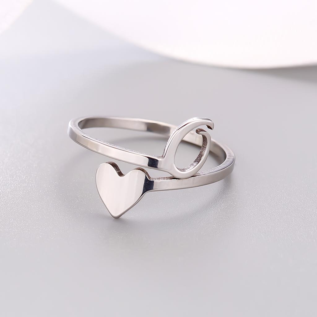 Silver Color 26 Letter Love Heart Rings Stainless Steel Open Ring for Women Men Couple Initial Name Finger Jewelry Gifts