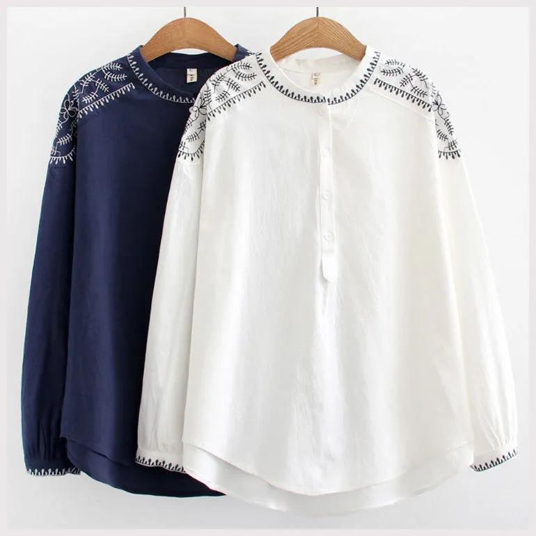 Autumn Tops, Western Style Fashion, Cotton and Linen Embroidered Small Shirts, Plus Fat Plus Size Pullover Shirts