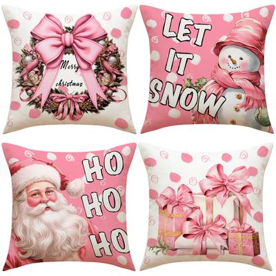 1 Stück Rosa Weihnachts-Kissenbezug Weihnachtsmann Schneemann Schleife Waschbarer Bezug 2025 Neu für Heimschmuck Weihnachten Neujahrsdekoration