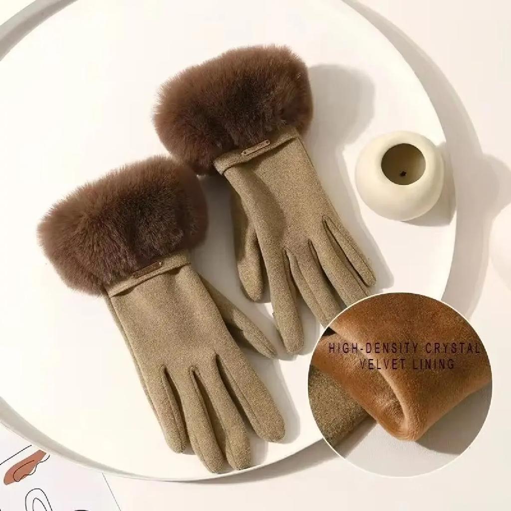 Guanti da donna invernali caldi in velluto con touch screen, spessi, in peluche, da polso, in pelle scamosciata, alla moda, eleganti, da guidare e da ciclismo