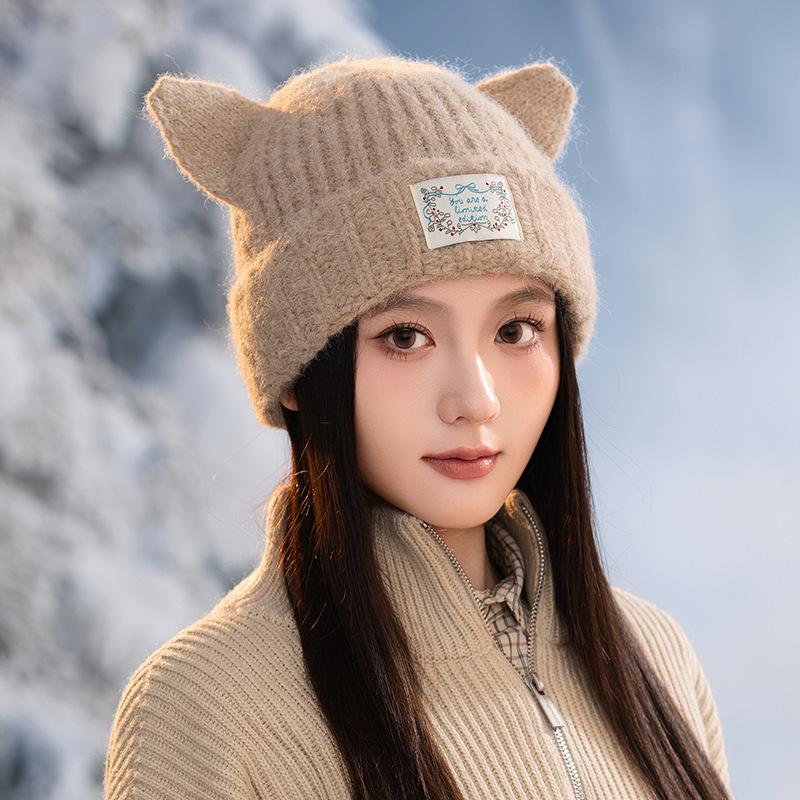 Winter Fashion Warm Wool Hat Female Cute Cat Ears Knitted Hat Warm Ear Protector Hat