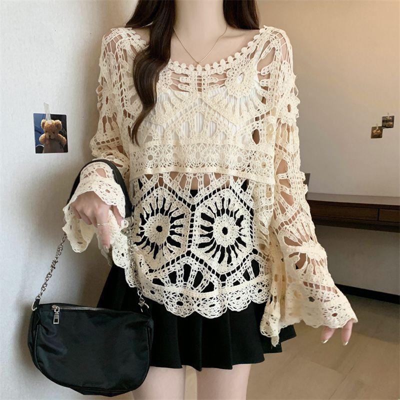 Plus Size European Spring/Summer French Crochet Cut Out Knitwear Loose Long Sleeves Outerwear Cover-up Sun Protection Shirt Female M-4XL