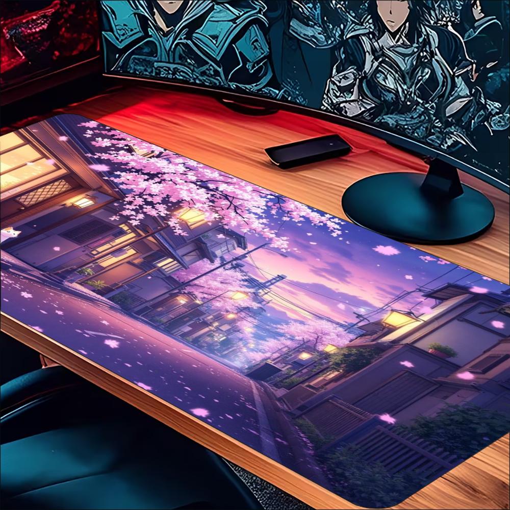 Anime Purple Cherry Blossom Town Large Gaming Mouse Pad Non‑Slip Rubber Mat For Smooth Mouse Control Laptop Gaming Desktop