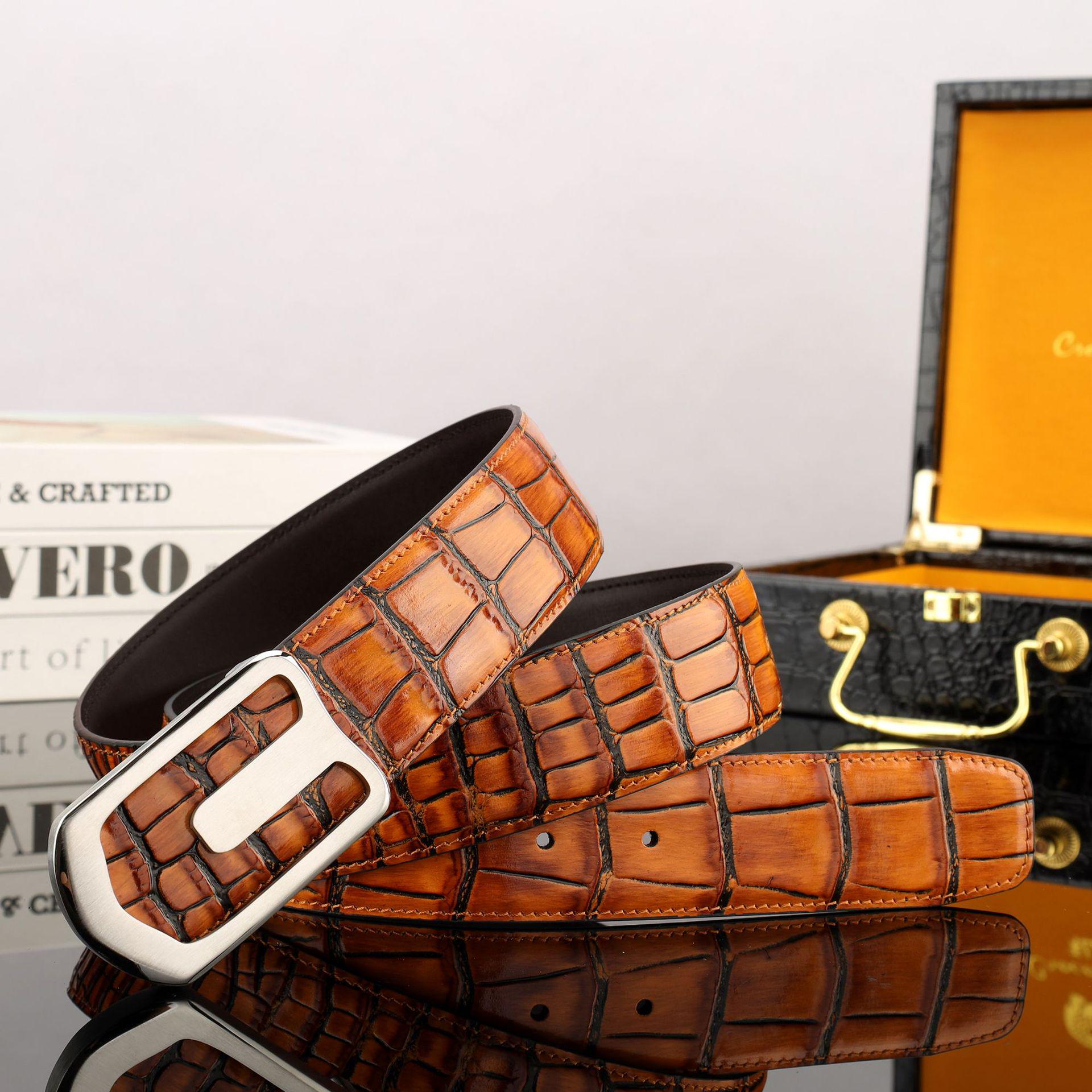 

Мужской кожаный ремень с пряжкой из нержавеющей стали с узором крокодила 125 cm серебряный