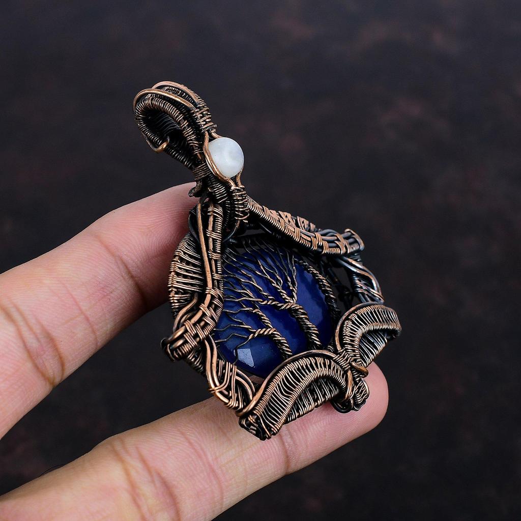 Tree Of Life Faceted Blue Sapphire Pendant Copper Wire Wrapped Pendant Moonstone Pendant Tree Of Life Jewelry Handmade Real Gemstone Pendant