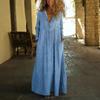 Loose Comfortable V-neck Denim Maxi Dress with Pockets