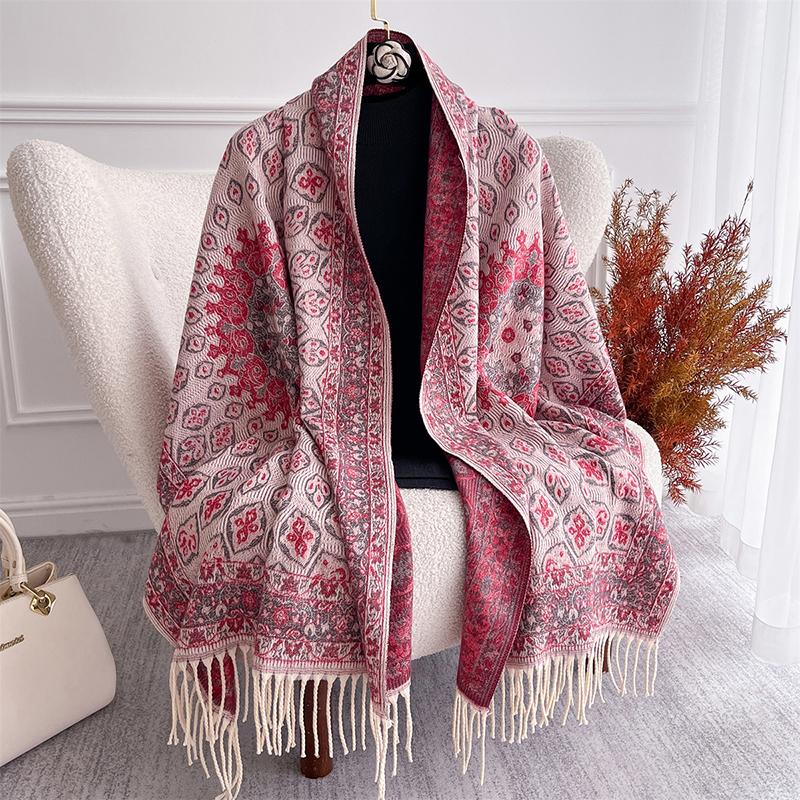 Autumn Winter Luxury Women Scarves 180*65Cm Men Thick Warm Scarf Flower Pattern Tassel Shawl Cashmere Imitation Poncho Stole