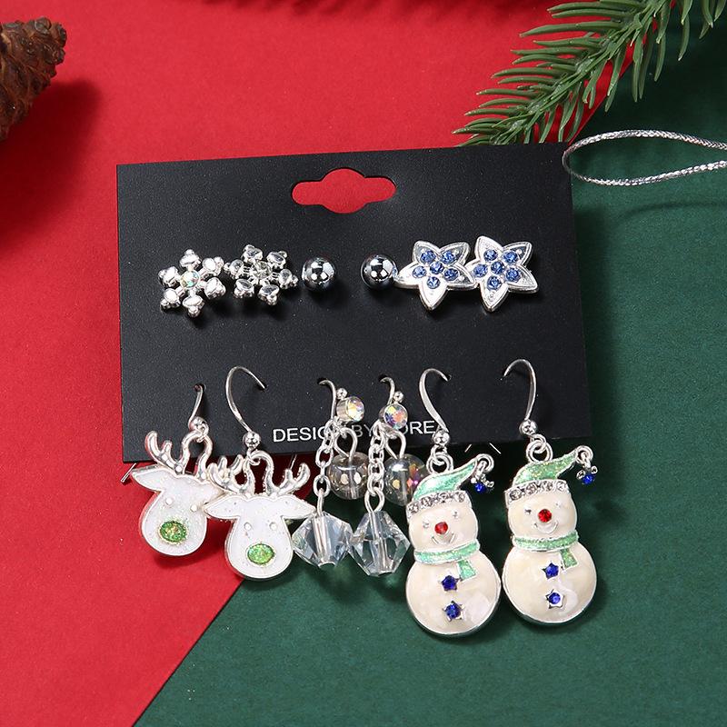 Christmas stud earrings combination new cartoon holiday alloy dripping elk old man bell earrings set