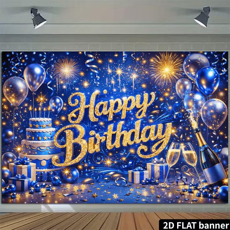 2D Blue Gold Glitter Happy Birthday Backdrop, Champagne Cake Party Banner