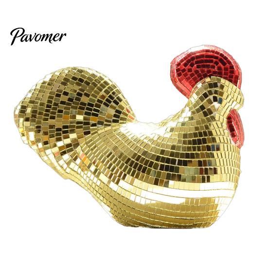 Eye Catching Desk Accessories Disco Ball Rooster Figurine, Mirror Mosaic Tabletop Ornament, Unique Retro Art Decorative Style Statue Sculpture