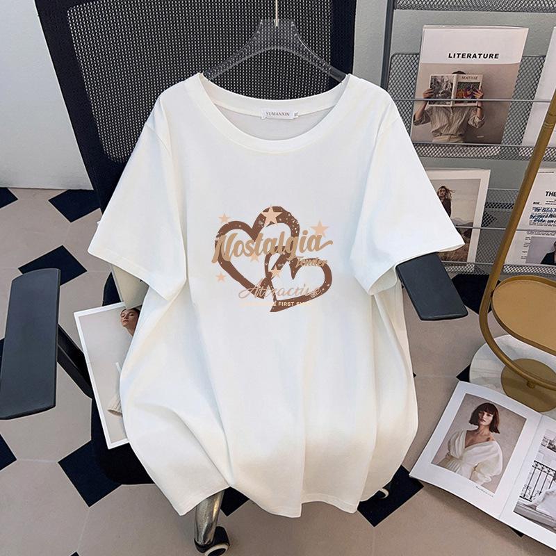 Women's Plus Size Slimming Mid-Length Short-Sleeve T-Shirt - Round Neck, Loose Fit (Sizes 200-350 Jin)