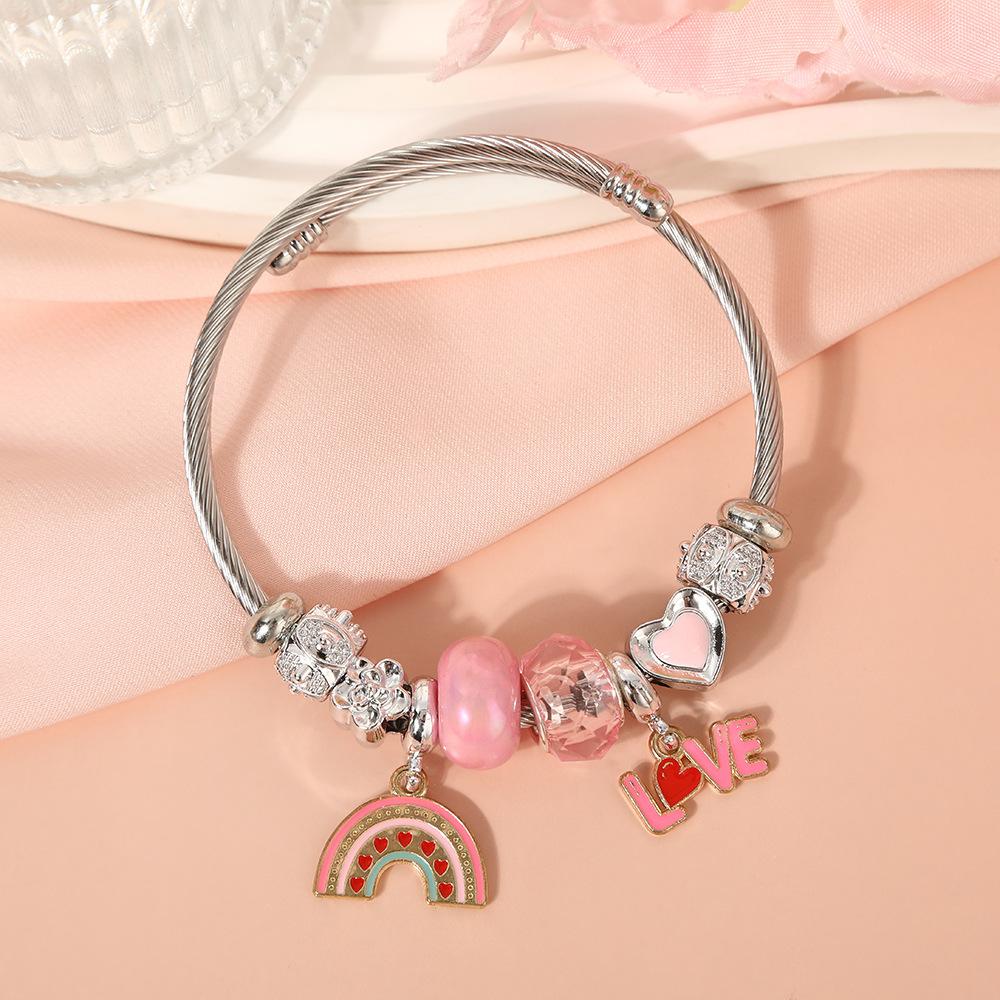 Cute Cartoon Bear Angel Heart Beaded Bracelet Stainless Steel Valentine Gift for Her Girlfriend Women