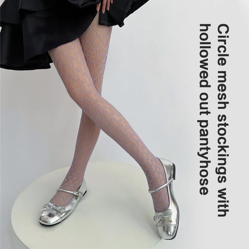 Women See Through Fishnet Pantyhose Stockings Japanese Aesthetic Hollowed Geometric Circle Pattern Mesh Tights Leggings