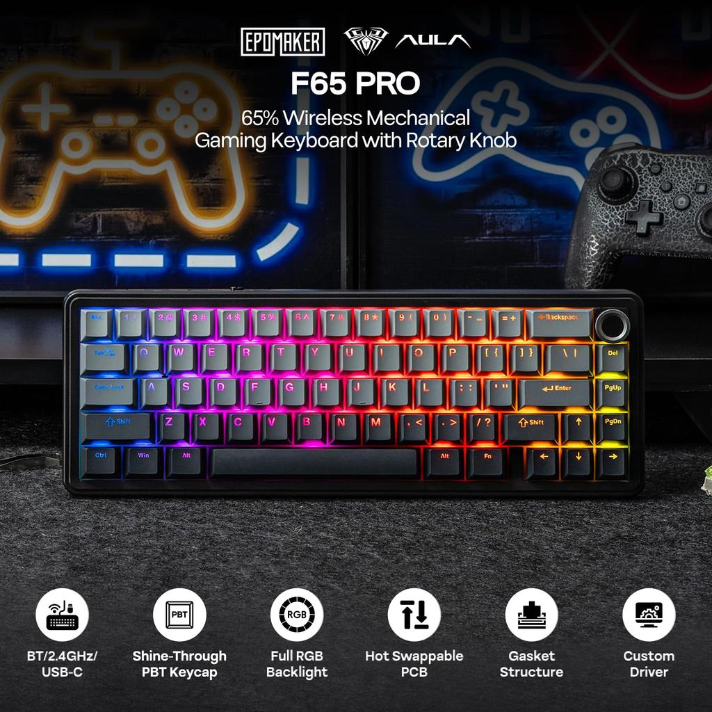 EPOMAKER X AULA F65 PRO Wireless Mechanical Gaming Creamy Gasket Translucent PBT RGB Technical Standards Certification Reaper Keyboard, 65% Layout,