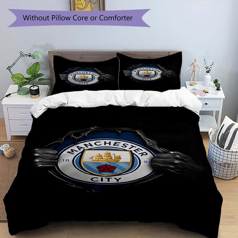 3pcs Duvet Cover Set (1*Duvet Cover + 2*Pillowcase, Without Core),Manchester City FC Print Bedding Set, Bedroom Decor, All‑Season, Birthday Gift