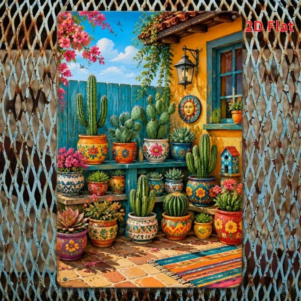 Vintage Mexican Cactus Tin Sign, Colorful Succulent Metal Decor, Floral Patio Garden Wall Art