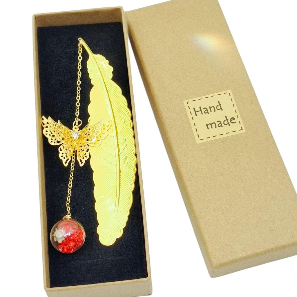 Chinese Style Dried Flower Bookmark with Feather, Metal Butterfly & Tassel - Ideal Teacher's Day Gift