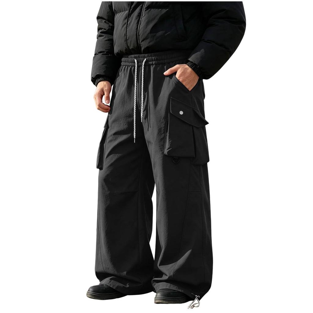 Men's Wide Leg Cargo Pants Casual Loose Fit Retro Multi-Pocket Gray Work Pants for Spring and Fall