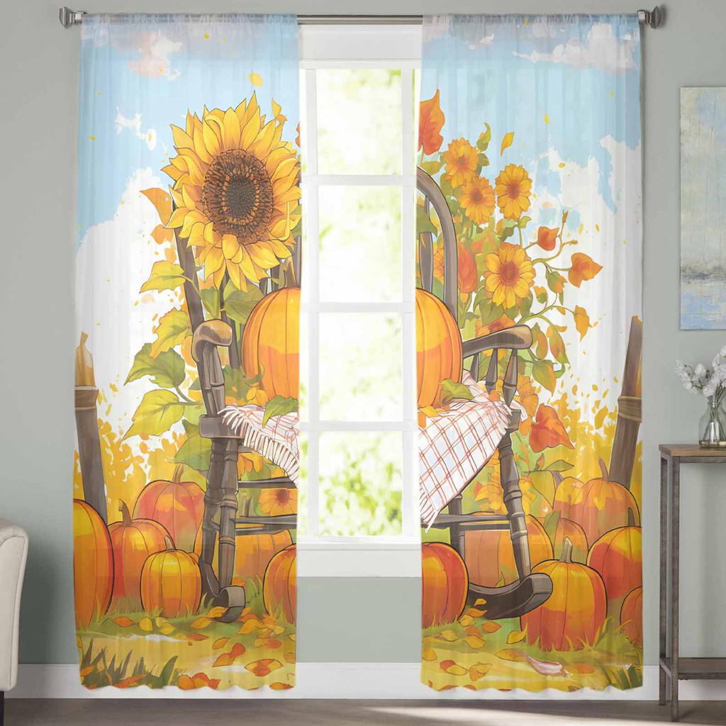 Herbst Retro Kürbis Schaukelstuhl Sonnenblume Transparente Vorhänge für Kinderzimmer Wohnzimmer Voile Fenstervorhänge Tüll Vorhänge