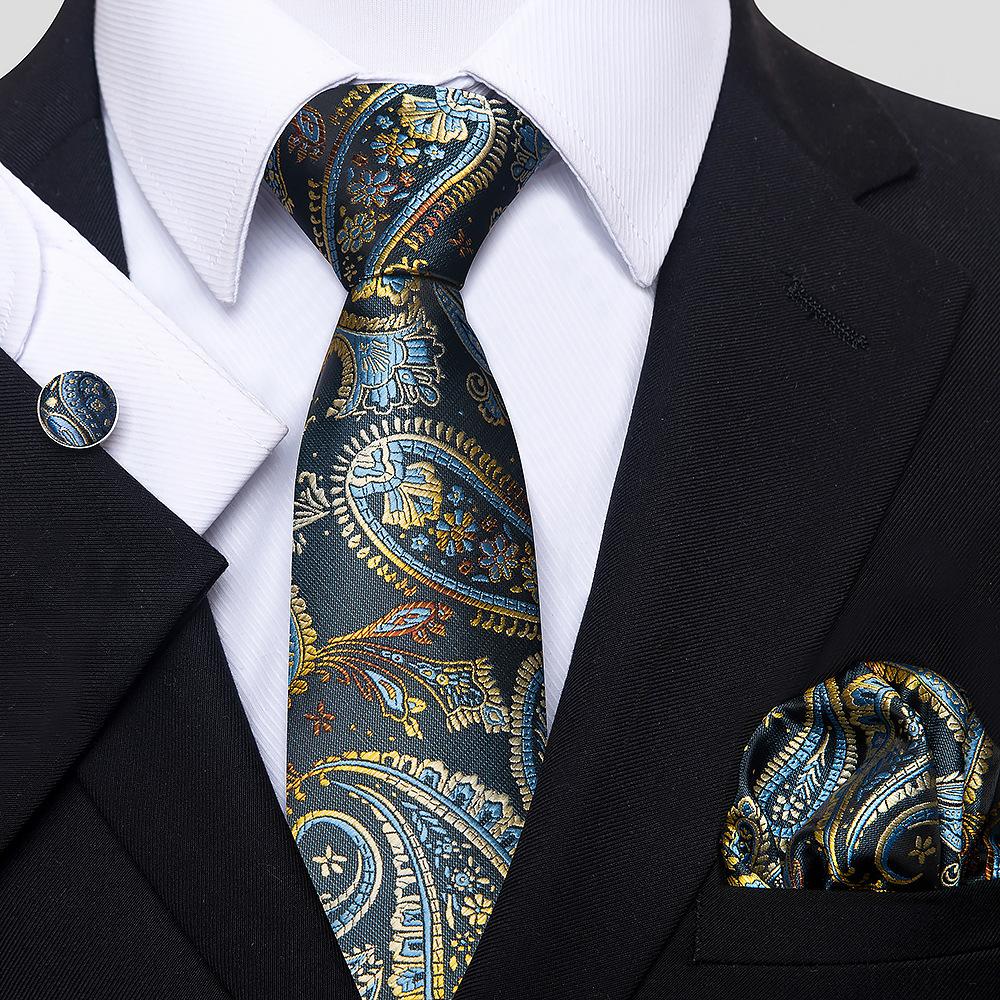 Korean Version Of Casual Floral Tie Men'S Jacquard Polyester Silk Pocket Towel Cufflink Tie Set