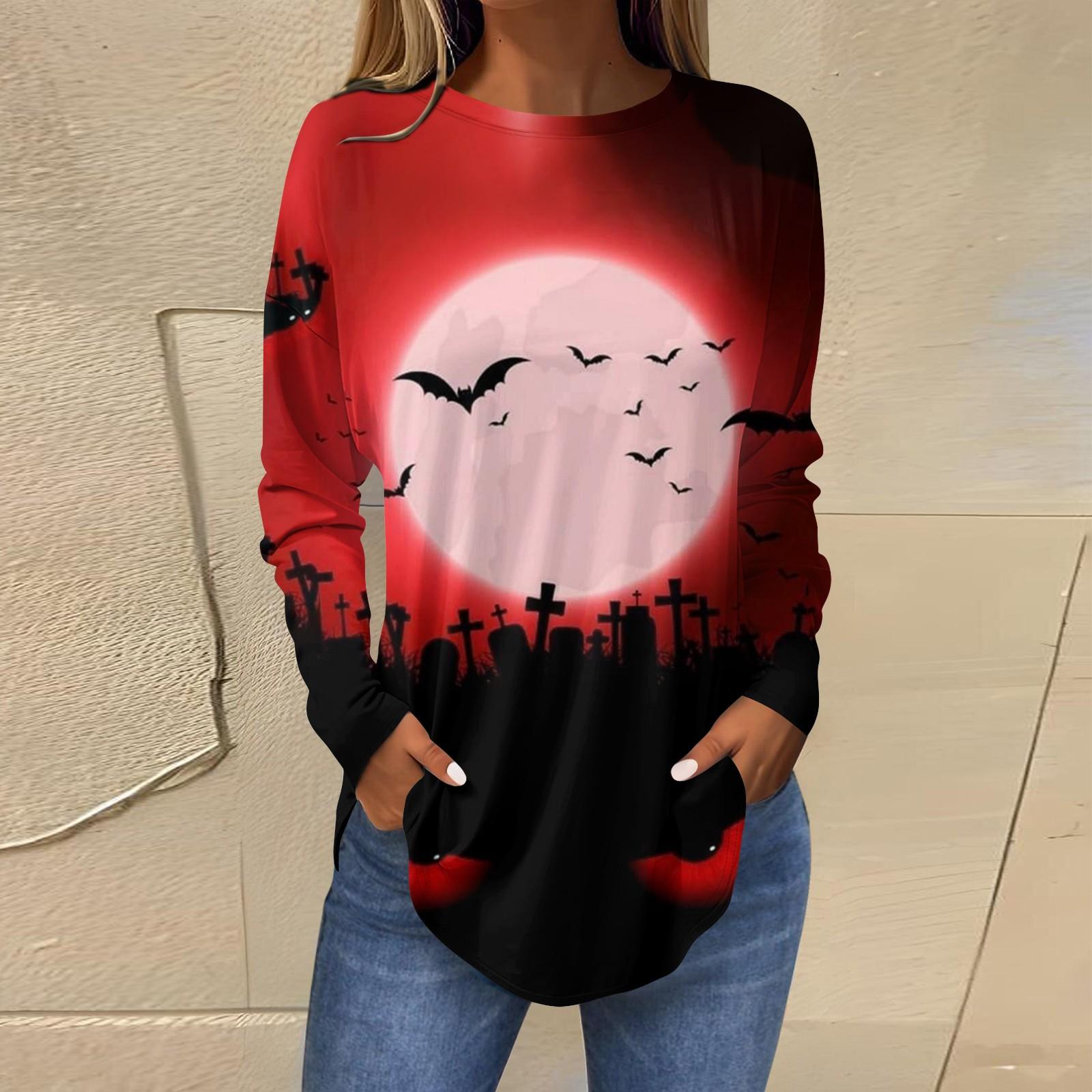 

Модні жіночі повсякденні топи з принтом і круглим вирізом з довгими рукавами M червоний