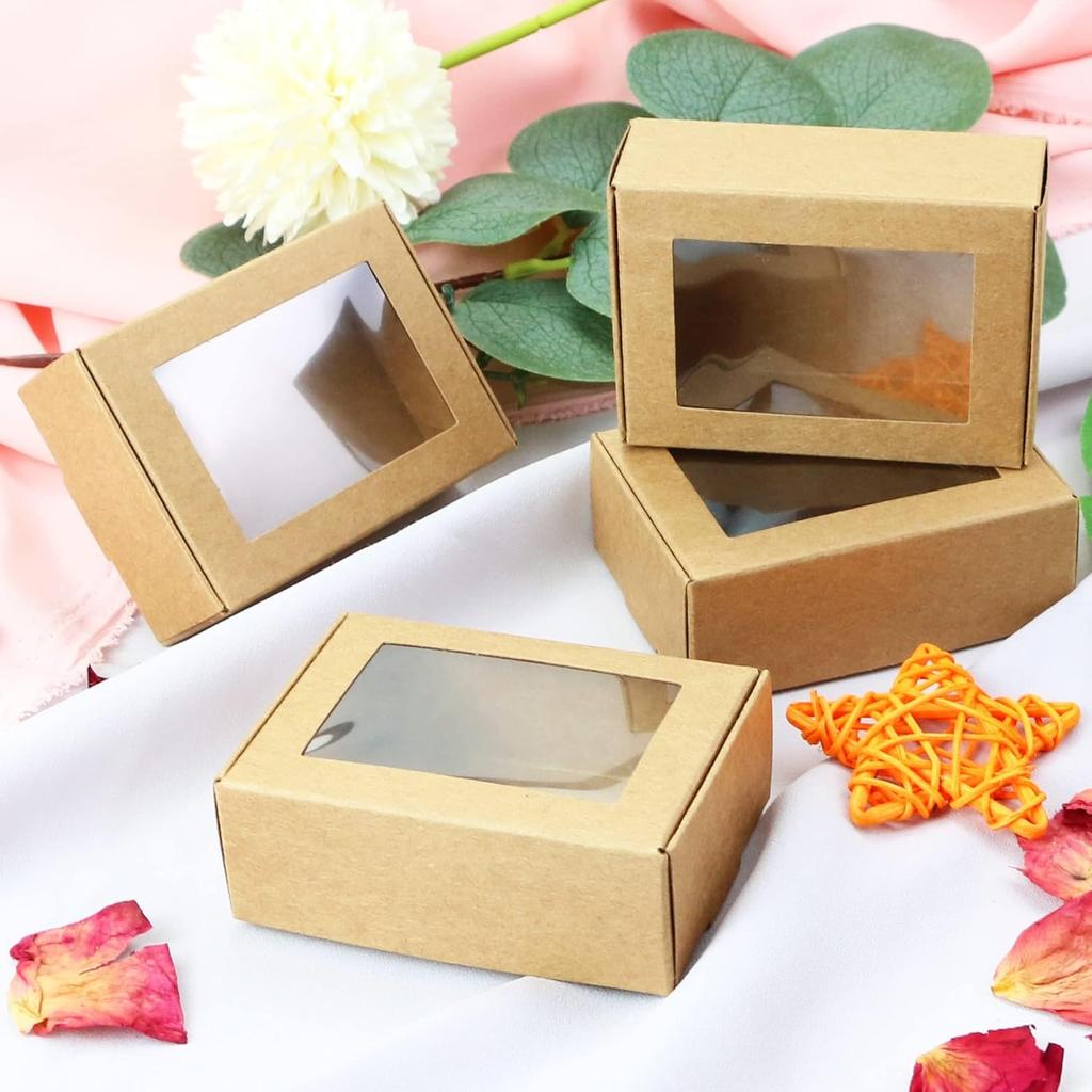 BadenBach 50 Pack Mini Rectangle Kraft Paper Boxes with Clear Windows,3.33" x 2.35" x 1.18",Tiny Small Homemade Soap Packaging Box Small Gift Boxes