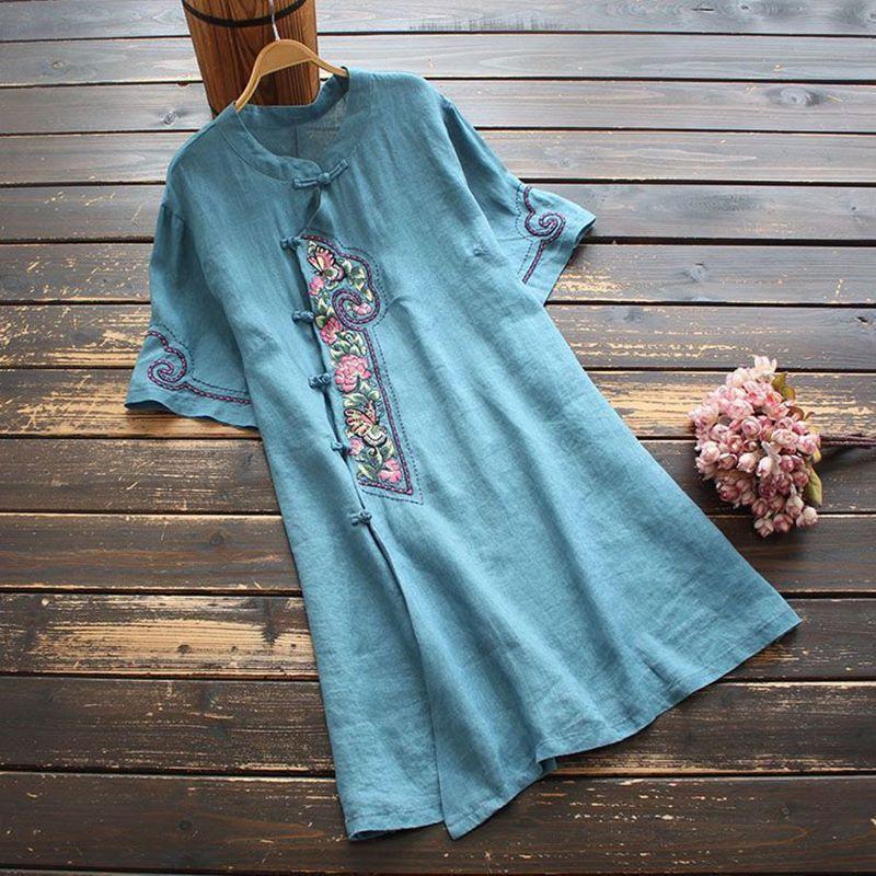 

Women s Summer Cotton Linen Dress, Ethnic Style Stand Collar Frog Button Heavy Embroidery Short Sleeve Loose Tunic Dress for Daily Wear M синий