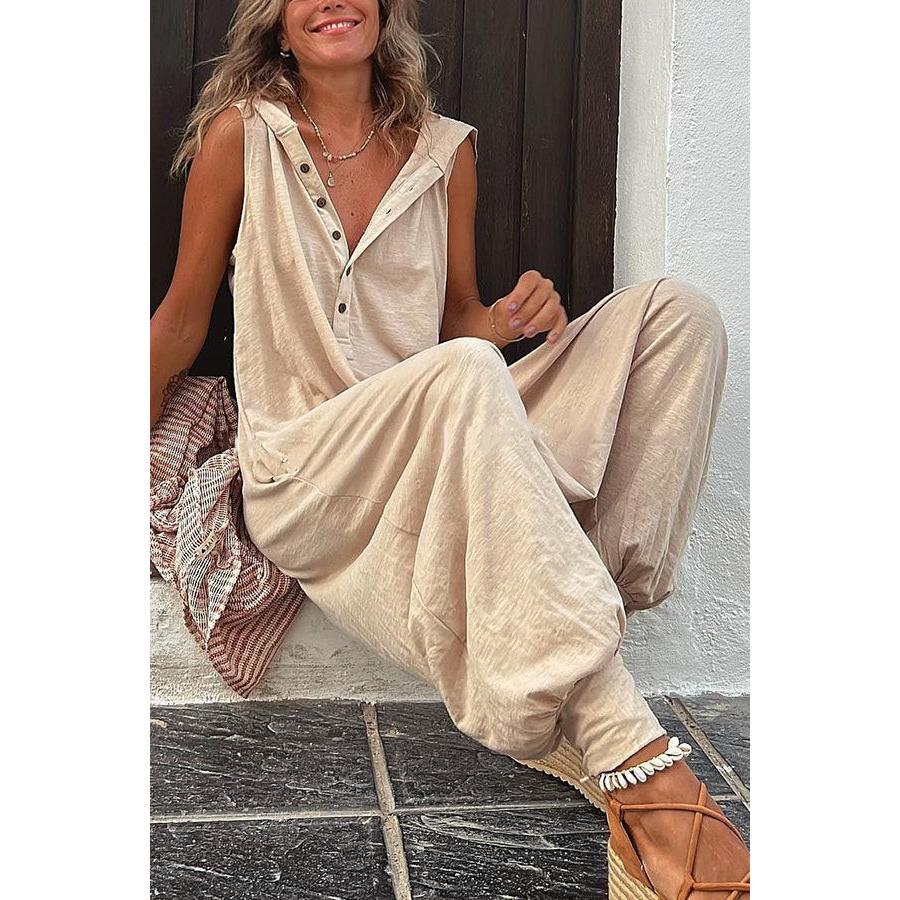 

Комбинезон-худи 2025 - Комбинезон без рукавов с заниженной проймой на пуговицах и карманами, уличная одежда оверсайз, цельный для женщин S белый