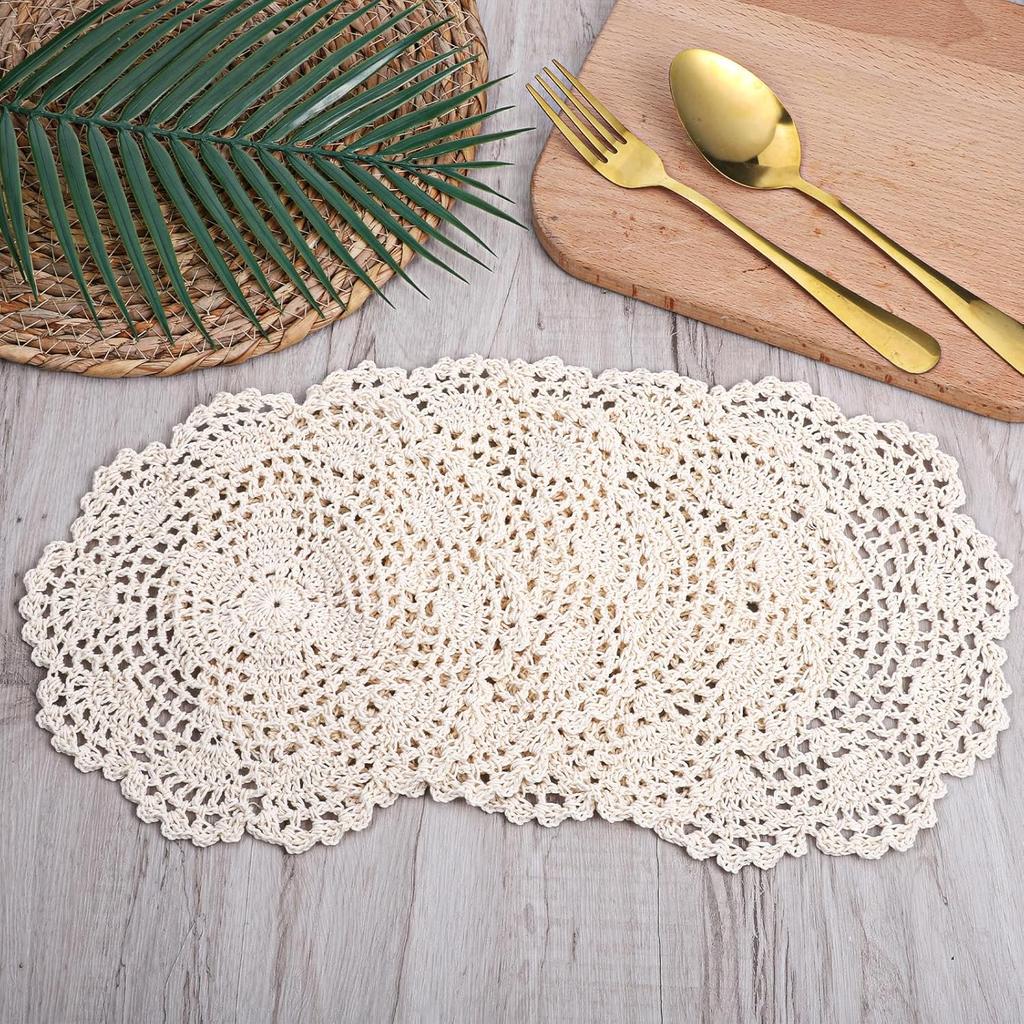 6 Pcs 8 Inch Beige Crochet Doilies, Round Cotton Lace Handmade Placemats & Coasters for Rustic Table Decor, Kitchen Dining Wedding Party