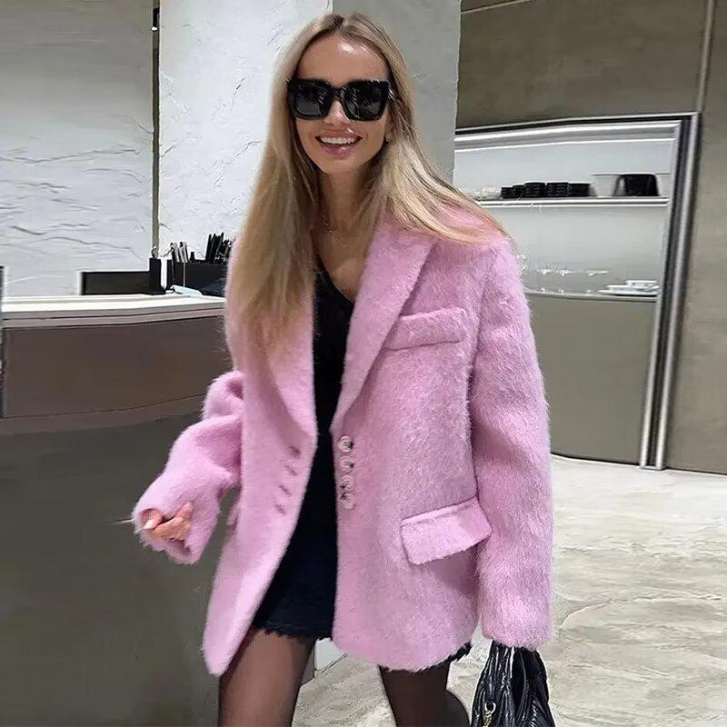 2024 Rose Pink Long-Haired Suit Jacket: European American Women's Street Fashion