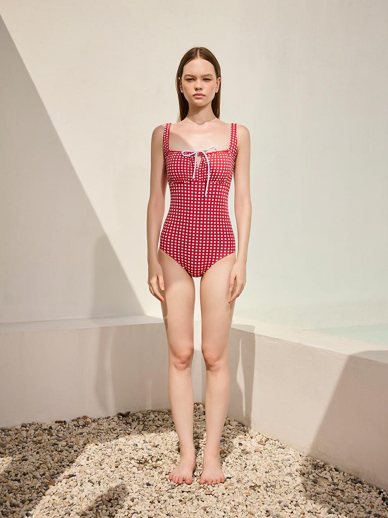 Bohemianbeullu Gingham Shirred Tie-Up One-Piece Swimsuit Red