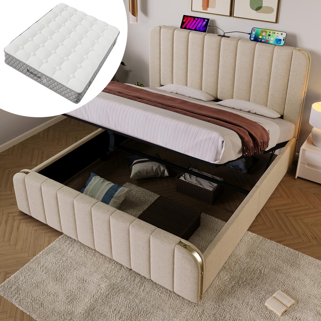Double Bed, Upholstered Headboard, Golden Decorative Stripes, USB Type-C Charging, 140*200 cm, Beige Linen, Hydraulic Storage, 181 kg (With Mattress)