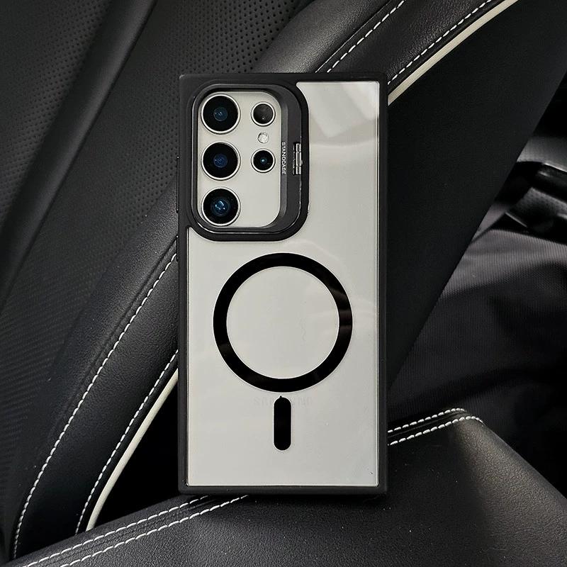 Folding Camera Lens Stand Holder For Magsafe Case For Samsung Galaxy S24 S23 S22 Ultra Plus Clear Hard Acrylic Magnetic Cover
