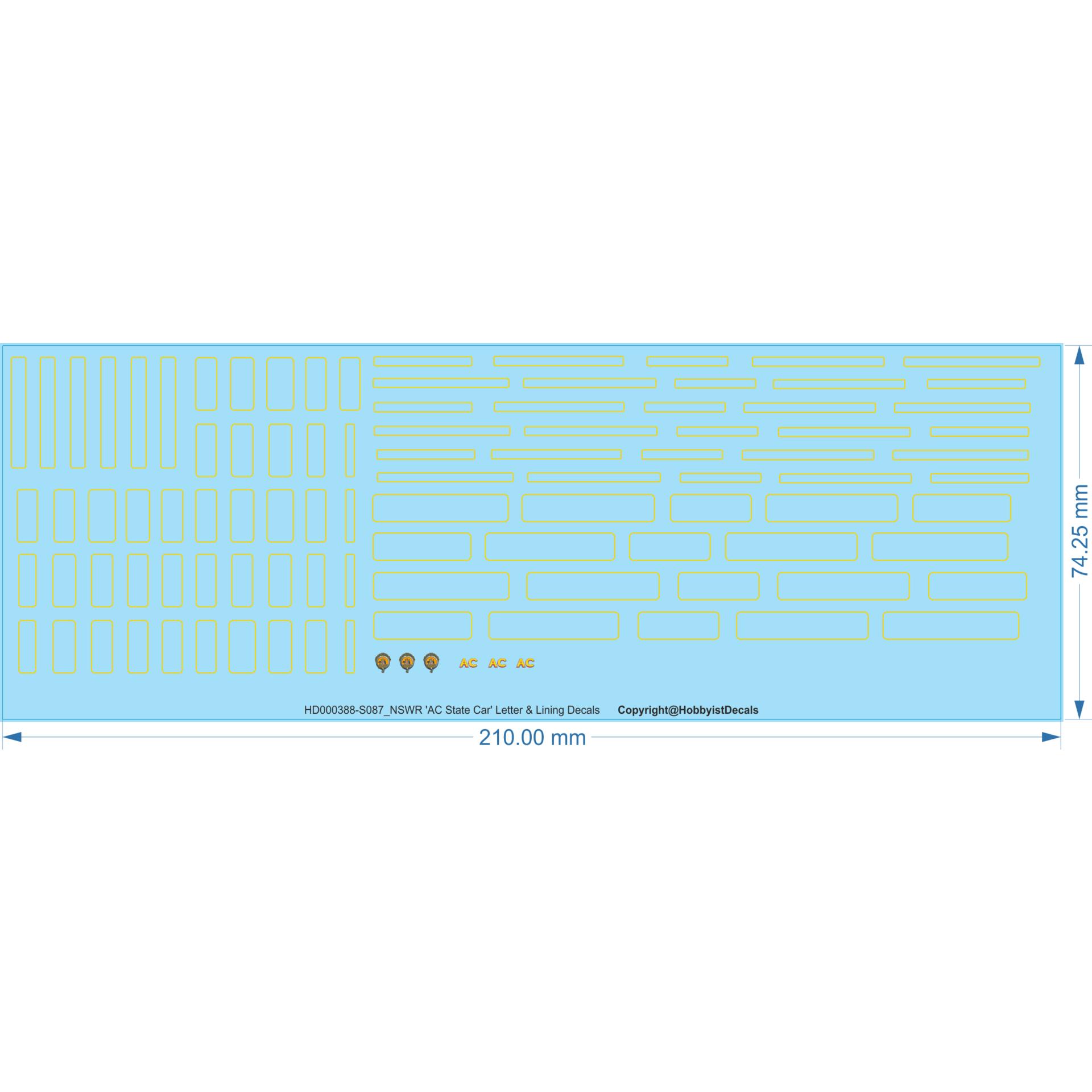 NSWR  AC State Car  Letter & Lining - 1/87 1/160 - Water Decal - Waterslide - Waterslide, 1/87