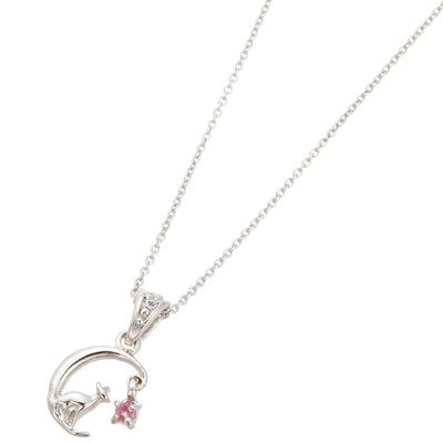[Piena] Sterling Silver 925 Cubic Zirconia Natural Stone Crescent Moon Cat Necklace for Women (October Birthstone: Tourmaline)