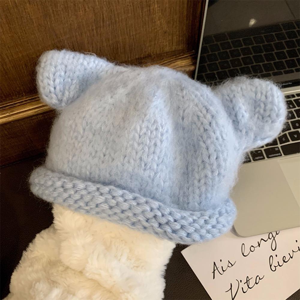 Soft Knitted Pullover Hat Fluffy Brimless Beanie Cap Fashion Bear Ear Woolen Hat  Women