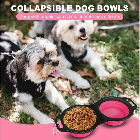 Collapsible Dog Bowls, Portable Travel Pet Feeder Bowl, 2 in 1 Expandable Silicone Pet Food & Water Double Bowl, Cat Feeder Dish with Carabiner for
