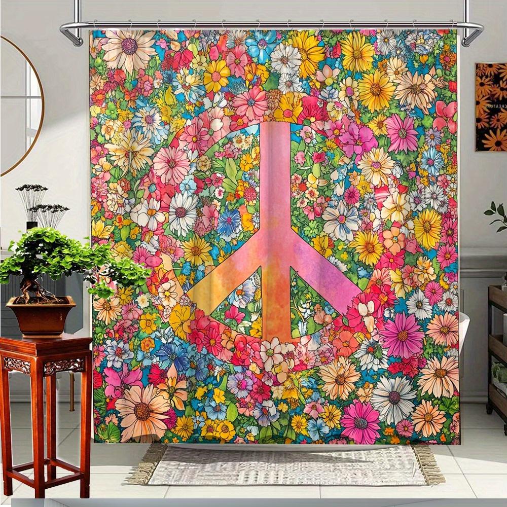 

1Pc Vibrant Floral Peace Sign Shower Curtain - Colorful Flowers & Symbolic Design, Polyester Fabric Bathroom Dcor With 12 Hooks W60H190(CM)-1 Pcs