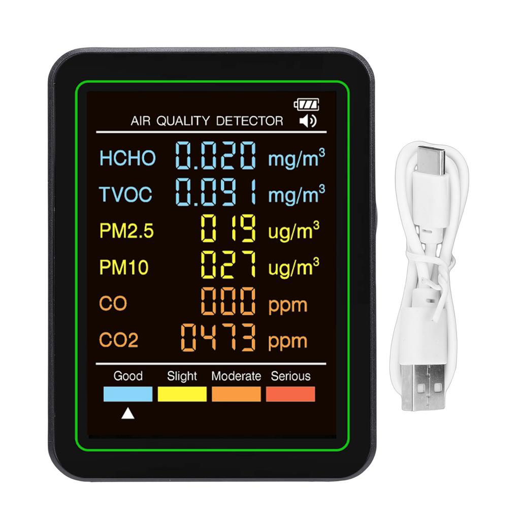 6 in 1 Air Quality Monitor with CO CO2 TVOC HCHO PM2.5 PM10 Detection Infrared Sensor LCD Color Screen Portable Home