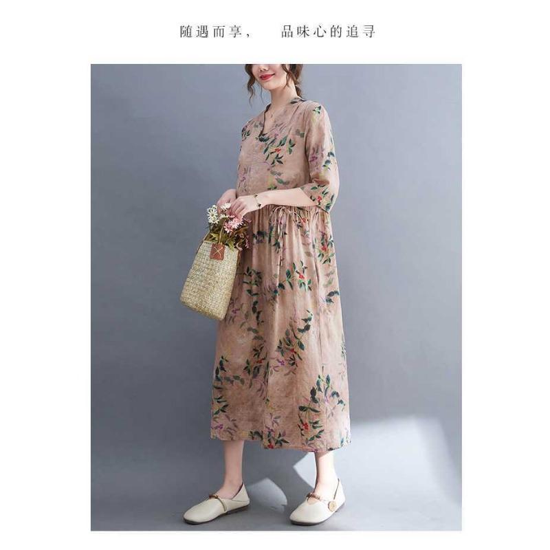 Plus Size V-ringad Långklänning Etniskt Tryckta Delade Ärmar Lös Midja Knytdetalj Klänningar