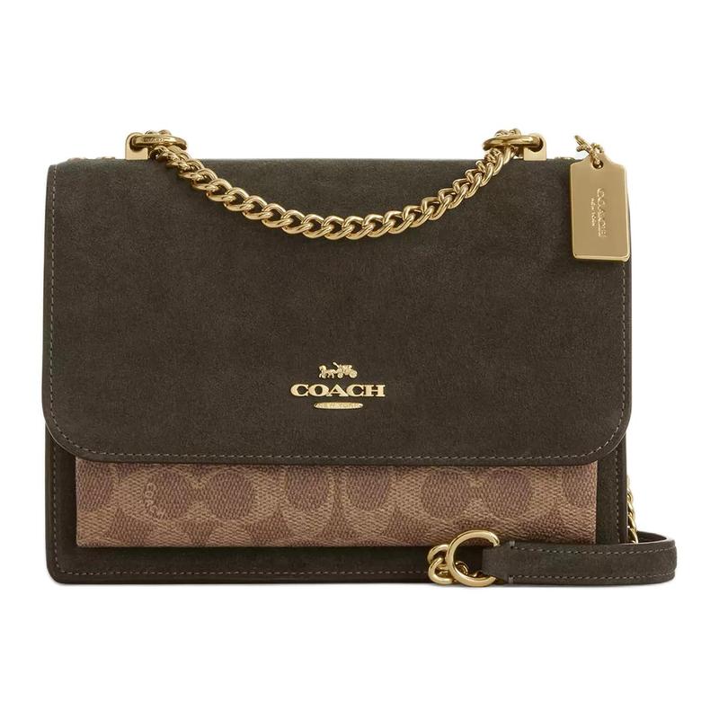 

COACH crossbody bag Klare 21 gold metal finish chain shoulder strap suede and coated canvas and smooth leather shoulder small women s army green золотий