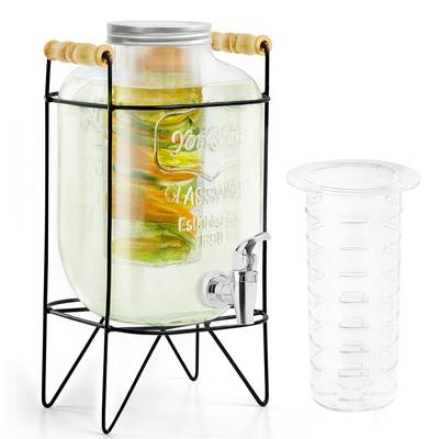 4 Litre Glass Water Dispenser with Stainless Steel Tap SS-304, Infuser & Stand - Air Tight Lid Detox Water Jar Mason Jar
