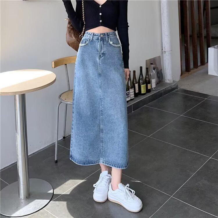 2025 Women's Retro Frayed Denim Midi Skirt: Korean Style Summer Trend