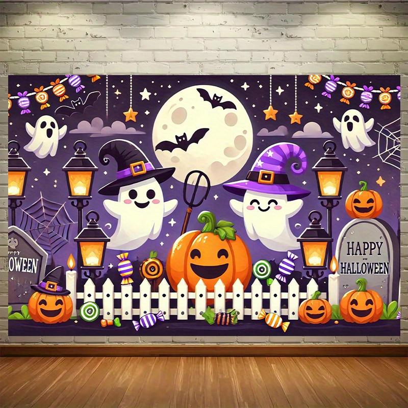 2D flat  1 piece Halloween party background with happy animals and pumpkins  suitable for living room  bedroom